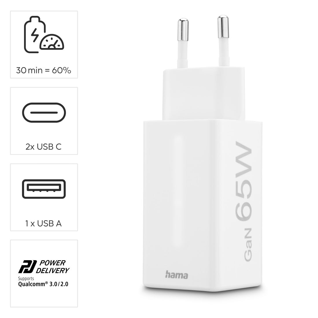 Hama Ładowarka sieciowa mini 65 W, 2x USB typ C, 1x USB A (mała, lekka, adapter ładowania, Power delivery, Quick Charge, wydajna, szybka) biała