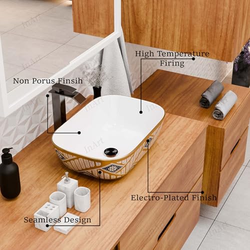 Image of Inart Wash Basin - Table Top Basin, Counter Top Wash Basin for Bathroom, Modern Ceramic Tabletop Sink Washbasin Design for Living Room, Dining Hall, Washrooms - 45 X 32 X 13.5 cm, Gold