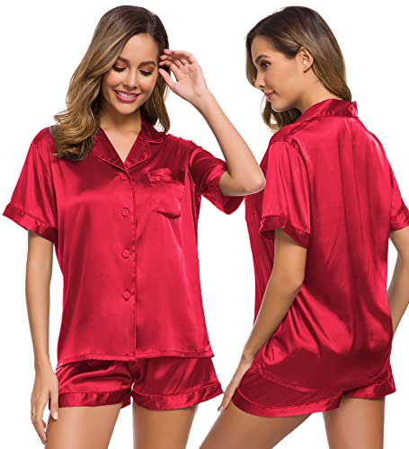 Image of SWOMOG Womens Silk Satin Pajamas Set Short Sleeve Sleepwear Button Down Top and Shorts Loungewear 2 Piece Pjs Set XS-3XL