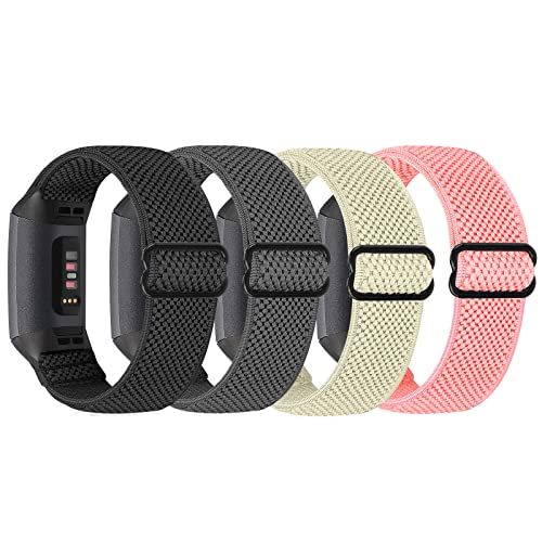SHIJZWD 4 Pack Elastic Nylon Watch Straps - Compatible with Fitbit Charge 3/4 Adjustable Stretchy Sport Loop Band Replacement Wristband for Women & Men
