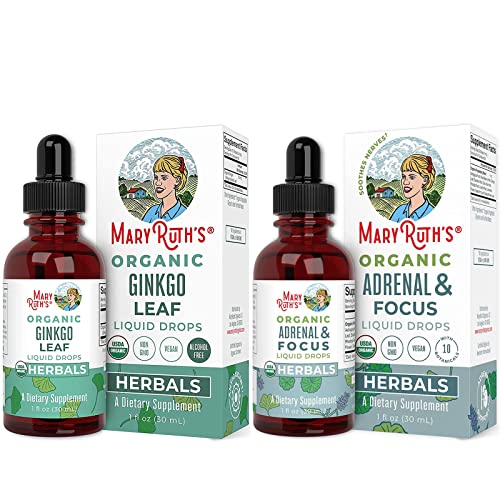 Usda Organic Ginkgo Leaf Drops & Adults Adrenal & Focus Support Drops Bundle By Maryruth's | Traditional Herb Used For Circulatory System & Brain Health | Herbal Supplement For Brain & Memory Drops #TOP7