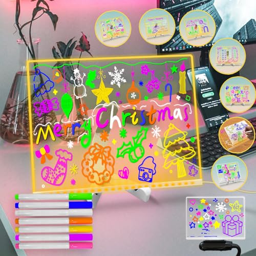 Fanrui 11.8 X 7.9 Inch Acrylic LED Writing Message Board with Light,Glow Acrylic Dry Erase Board with 7 Pens,Memo Tablet Letter Note Doodle Whiteboard with Stand,Gifts for Home Office School