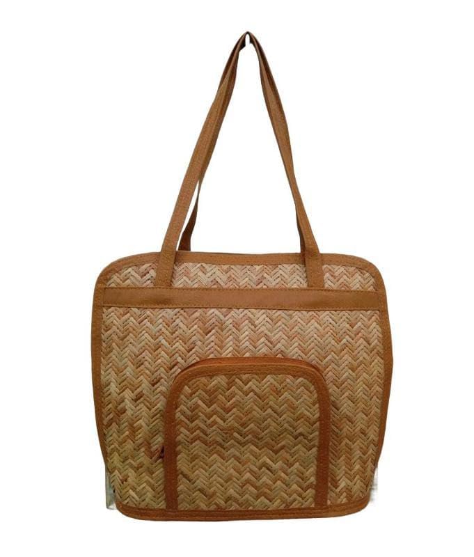 Image of Bamboo Bag Natural Fabric And Rexine Handicraft Handbag Clutch For Women Beige Color