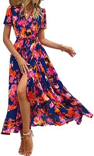 PRETTYGARDEN Womens Summer Wrap Maxi Dress Casual Boho Floral V Neck Short Sleeve Ruffle Hem Split Beach Long Dresses