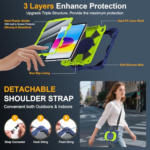 Image of Case for iPad A16 11th /10th Generation 11 inch /10.9 inch 2025 /2022, Ubearkk for iPad a16 case with Screen Protector, 360 Degree Rotating Stand Shoulder Strap Pencil Holder, Navy Green