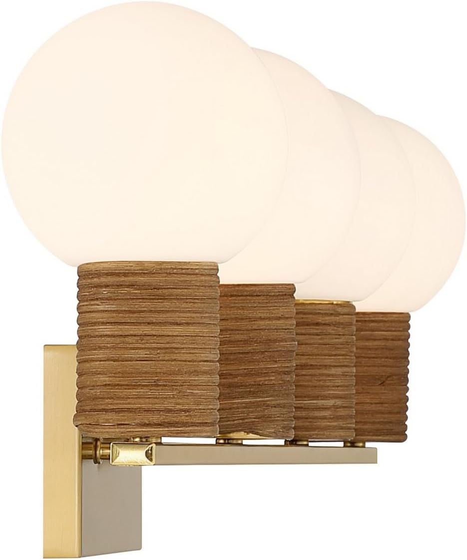 Savoy House 8-4081-4-322 Jarrell Modern White Opal Glass Orb Bathroom Vanity Wall Light with Rattan Accents, 4-Light 240 Total Watts, 10" H x 34" W, Warm Brass