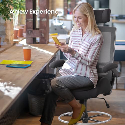Image of BOLISS Big and Tall Drafting Chair 400lbs - High Back Ergonomic Office Chair for Standing Desk with Double Thick Seat Cushion, Adjustable Foot Ring, Lumbar Support & Flip Up Armrests (Black)