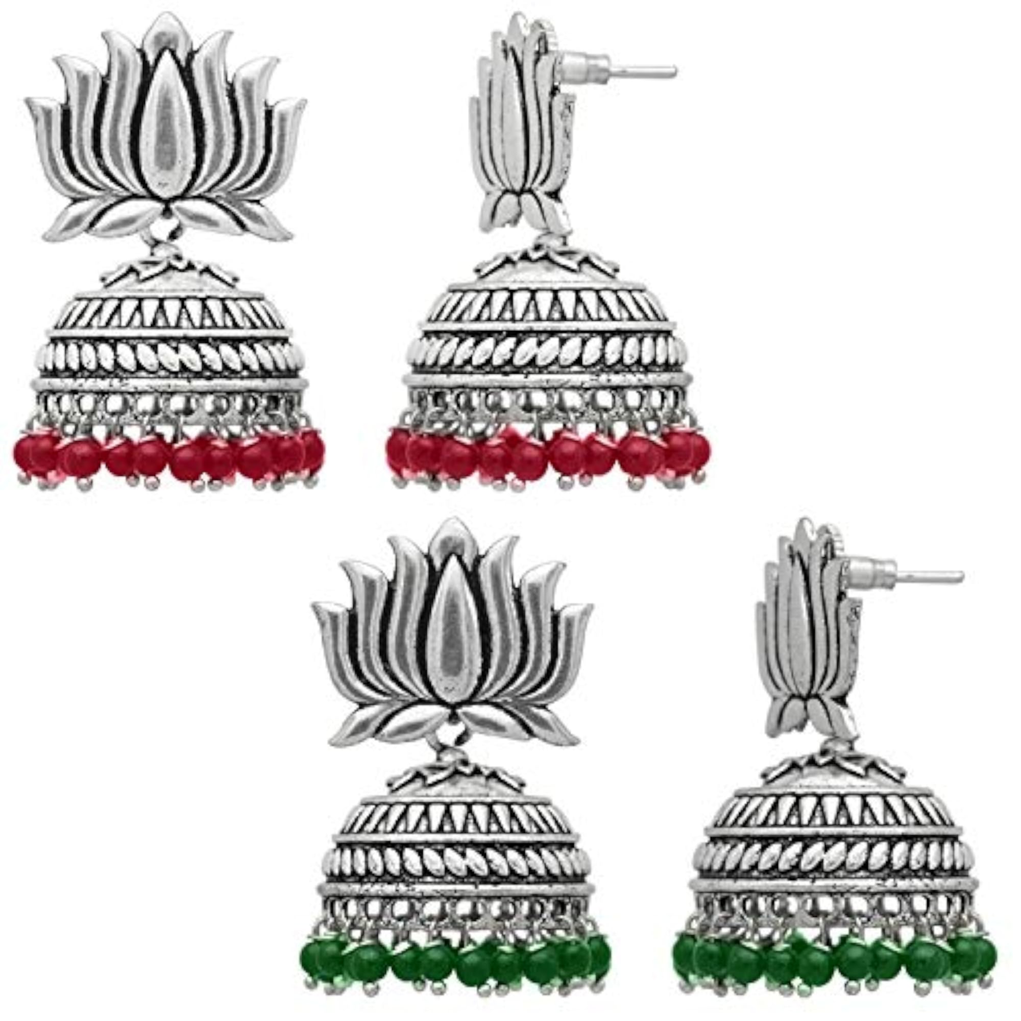 Lotus Floral German Silver Jhumki Earrings, Oxidised Design