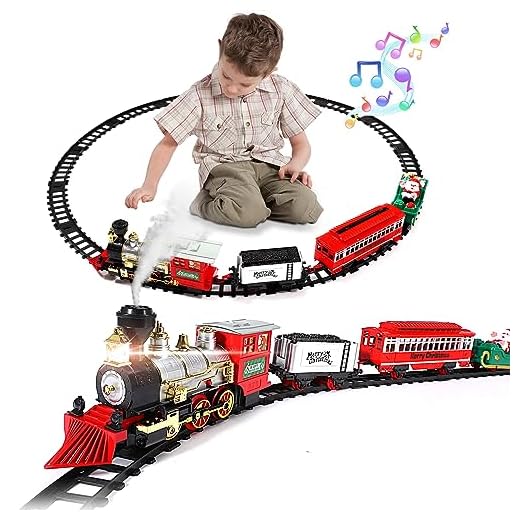 Fulluky Juguete de tren eléctrico, juguete de tren de vapor con humo, luz y sonido, kits ferroviarios, locomotora, vagones de carbón y rieles, clásico juego de tren de Navidad para niños a partir de 3