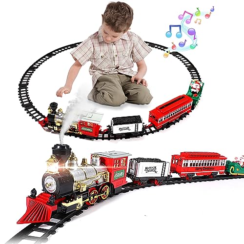 Fulluky Juguete de tren eléctrico, vapor con humo, luz y sonido, kits ferroviarios, locomotora, vagones de carbón y rieles, clásico juego de Navidad para niños a partir de 3