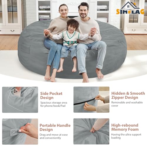 7FT Bean Bag Chair, Large Bean Bag Chairs with Memory Foam Filled, Fluffy Beanbag Sofa with Dutch Velvet Cover, Round BeanBag Chairs for Living Room, Playroom - Light Grey