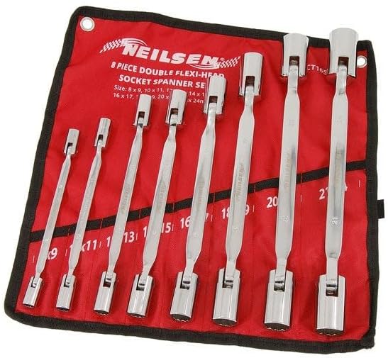 Neilsen CT1657 8pc Socket Spanner Set - Double-Headed Flexi-Head, Sizes 8mm to 23mm | Chrome Vanadium Finish | Wall-Mountable Storage Pouch