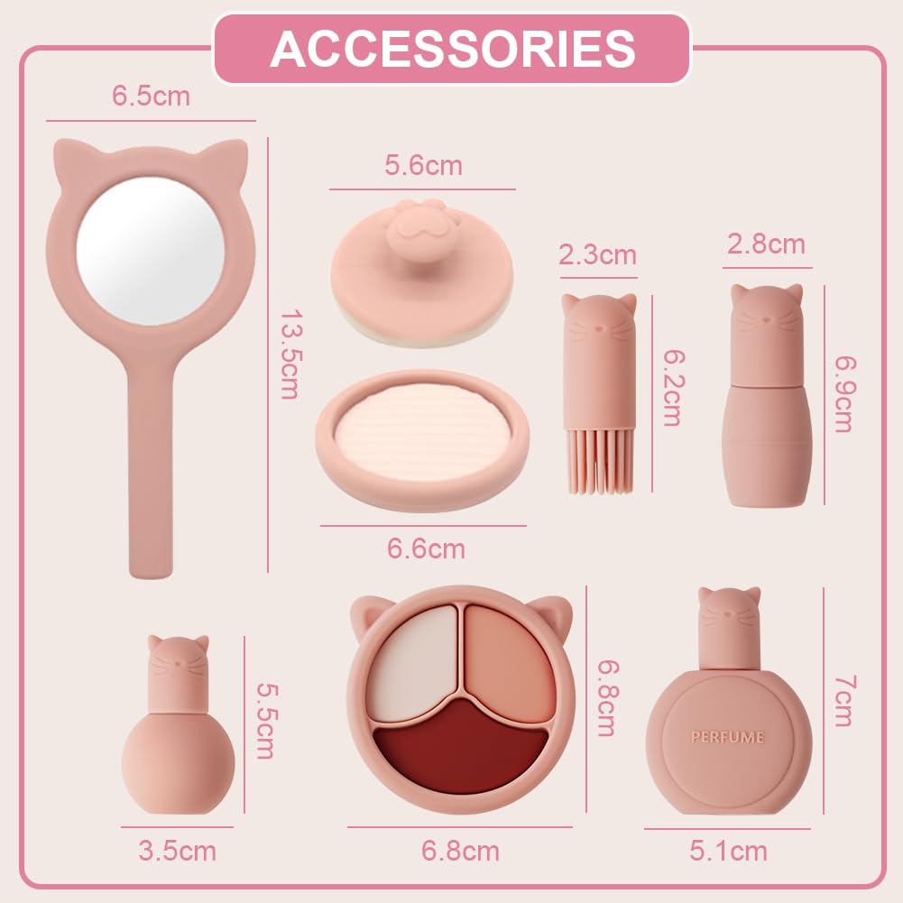 HOTUT Kids Makeup Set, 8pcs Silicone Pretend Makeup Toy Set, Girls Toys, Age 3-11, Pink, Princess Theme, Salmon-pink, child - Image 2