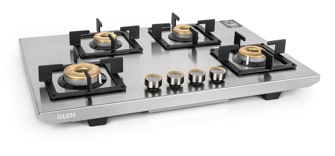 Glen Ultra Tuff Stainless Steel Premium Gas stove 4 Burner | Heavy-Duty Forged Brass Burners | Revolving Inlet Nozzle | 2 Years Warranty (BH1074SQFSUTSSAI)