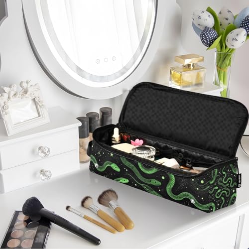 Bolsa de viaje y alfombrilla resistente al calor para herramientas de cabello, grande, para planchas, en diseño serpientes y estrellas verdes sobre fondo negro para mujeres miniatura 7
