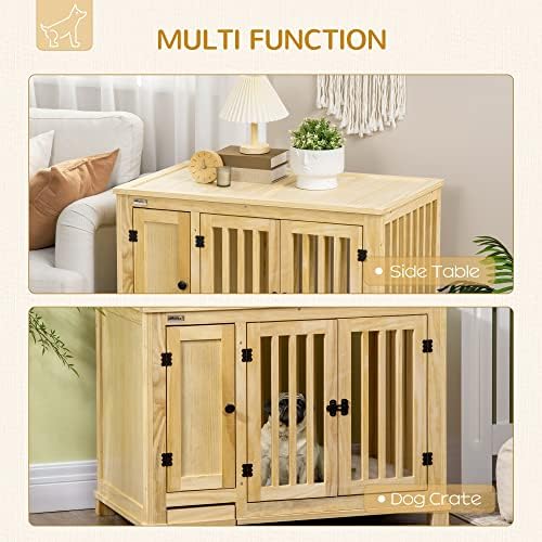 PawHut Dog Crate Furniture with Drawer Bowl, Wooden Dog Cage with Storage Cushion for Small Dogs - Natural Tone
