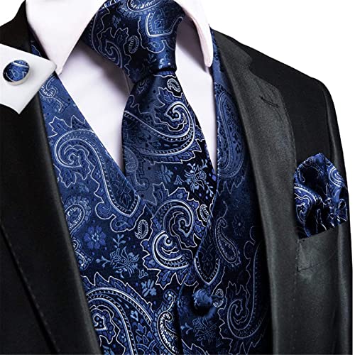 Men's Silk Vests and Tie Business Formal Dresses Slim Vest 4PC Hanky Cufflinks Suit Blue Paisley Waistcoat2