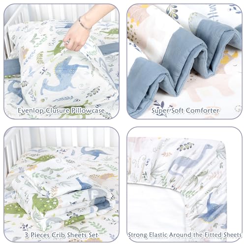 Image of Pea Pod Muslin Toddler Bedding Set 3-Piece - Soft Breathable Crib Bedding with Fitted Sheet, Quilt & Pillowcase for Infant & Kids Bed | Machine Washable Nursery Bed Set (Dinosaur)