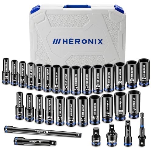 HERONIX 32-Piece 1/2' Drive Impact Socket Set with High-Vis Blue Rings & White Case, Deep SAE & Metric Sockets 10-24mm & 3/8'-1', Cr-V 6-Point Mechanic Tool Set with Extension Bars & Adapters