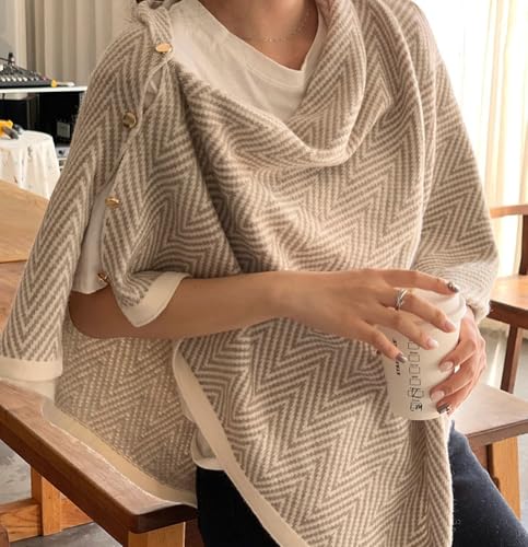 Women's Knitted Wrap Thick Scarf Shawl with Button Herringbone Shawl for Commuting Travel Warm Cape for Fall Winter4