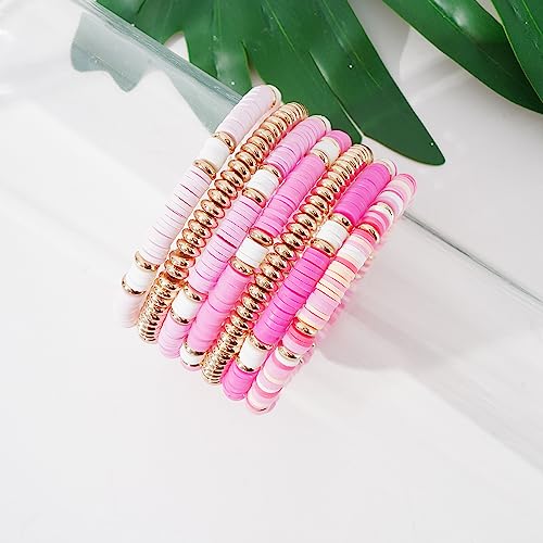 Summer Surfer Heishi Bracelet Set for Women Stackable Gold Clay Ploymer Bead Stretch Pink Beach Layering Bracelets Jewelry2