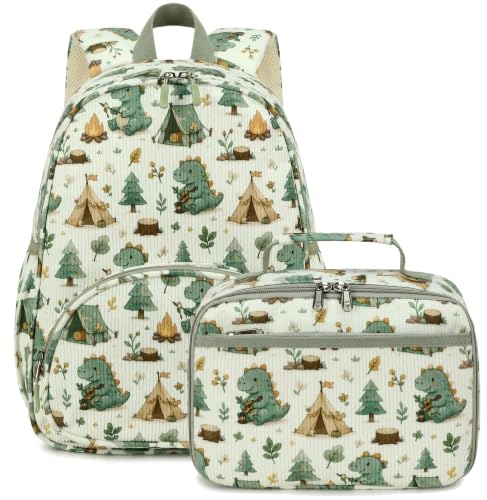 Image of LOIDOU Kids Backpack with Lunch Box Set, Toddler Preschool Boy Backpack with Chest Strap Kindergarten Backpack LunchBox Combo (Camping Dinosaur)