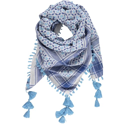 Mosaic Woven Cotton Scarf with Tassels, Blue and White