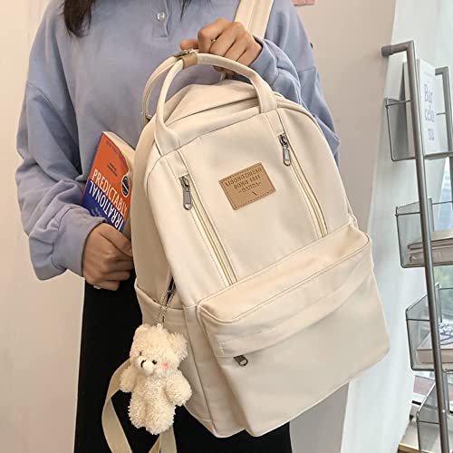 Aonuowe Preppy Backpack With Plushies Cute Backpack For Teen Girls Light Academia Bookbags Solid Aesthetic School Bag (White) #TOP1