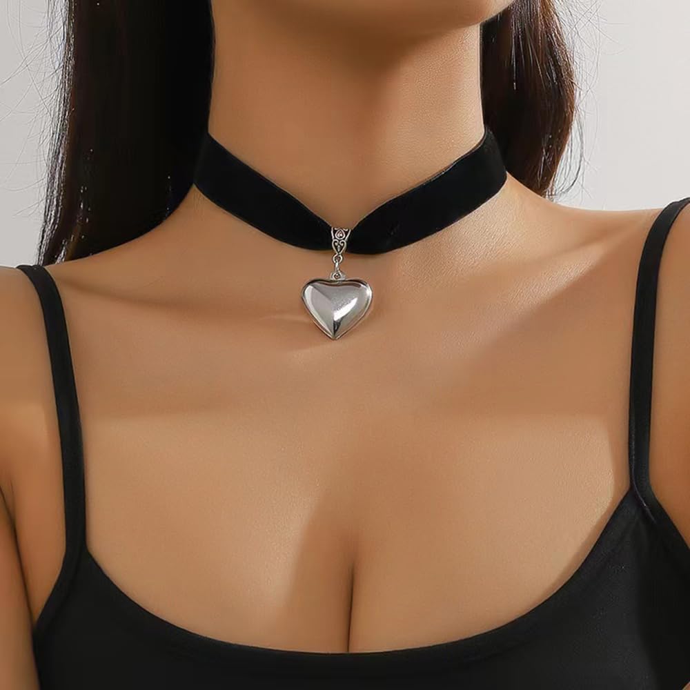 Black Choker Necklace Chunky Heart Pendant Necklace Black Velvet Collar Necklace Y2K Trendy Jewelry Gifts for Women - Image 2