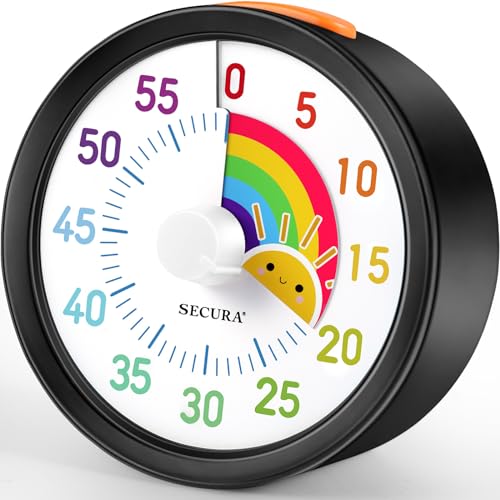 Secura 60-Minute Visual Timer for Kids, Classroom Countdown Timers with 'Rainbow' Pattern, Timer Management Tool for Kitchen, School, Office (Black & Sun)