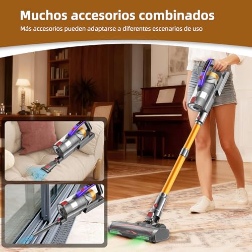 Infaebo Aspiradora sin Cable, 48000 Pa/550 W/70 Minutos, con Pantalla LED y Cepillo antienredos, Aspirador Escoba Ideal para Pelo de Mascota/Alfombra/Suelo Oro - imagen 7