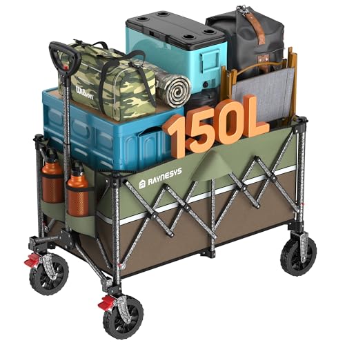 Raynesys �L�����[���S�� ��e��150L �ω׏d150kg �u���[�L�t�� �܂��ݎ� �L�����v�J�[�g �����^�b�`������ �����^�ѕ֗� �R���p�N�g �������[ �É� �X�`�[���t���[�� ���n�`�Ή� �L�����v/���l/�ނ�/���z��/������/�S�~�o�� Gree