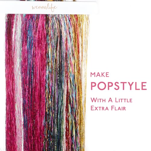 Image of WENNALIFE Hair Tinsel Kit for Girls, 16 Colors 3200 Strands 48 Inch Fairy Kit Heat Resistant Glitter Tinsel Hair Extensions Kit with Tools Christmas Feathers Sparkle Strands