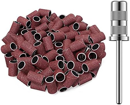 AIRSEE 100Pcs Sanding Bands 180 Grit Professional Nail Manicure Electric File Sand Piece Set with 1 Mandrel, Great Fit for Nail Drill Bits Working on Acrylic Nails