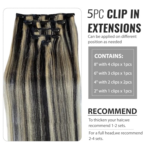 Image of Belaved Clip in Hair Extensions, Balayage Black Mix Blonde Clip ins Real Human Hair Extensions Invisable Seamless Straight Remy 16 Inch 70g 5pcs