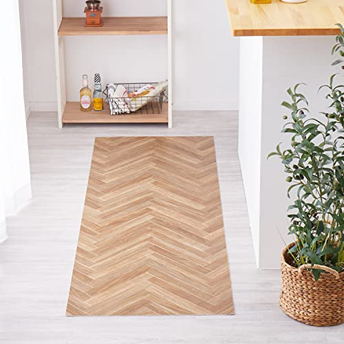 萩原 クッションフロア キッチンマット (約45×120cm,木目ヘリンボン) 水拭きできる 抗菌 防カビ 抗ウイルス 防炎 滑り止めシール付き カットOK 日本製