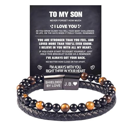 ziella The Guardian Sons Bracelet With Protection Tiger Eye To My Son Bracelet From Mom Black Leath Beaded For Son Jewelry Gift (Black Card 9inch)