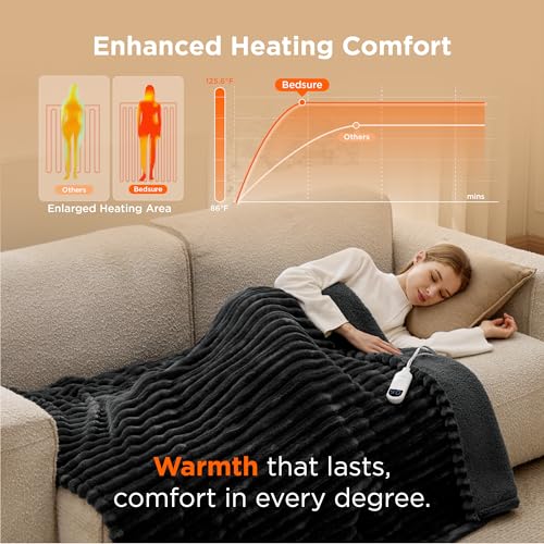 Image of Bedsure Heated Blanket Electric Throw - Thick Striped Flannel Electric Blanket, Heating with 4 Time Settings, 6 Heat Settings, and 3-Hour Timer Auto Shut Off, Gift for Grandma (50x60 inches, Black)