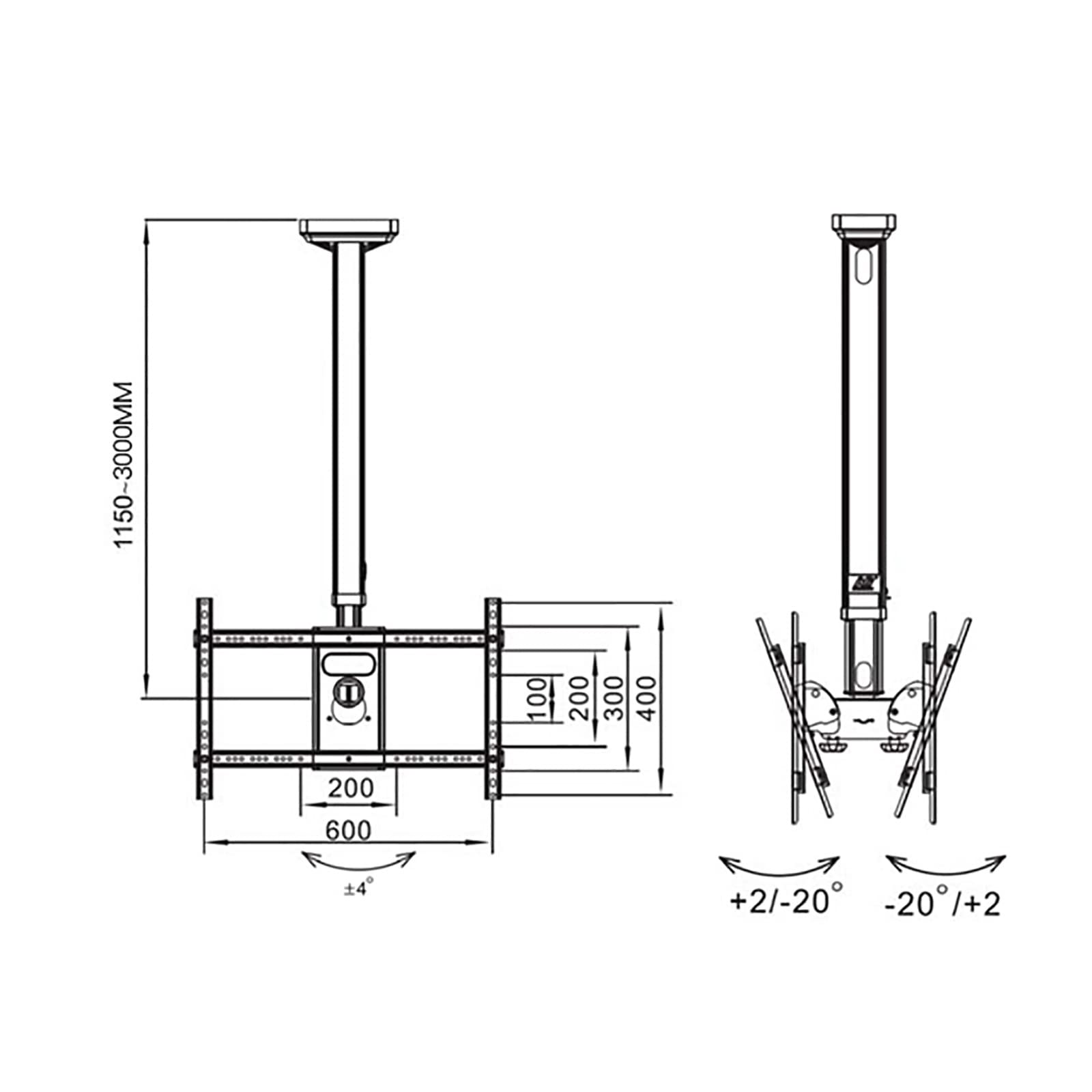 Soporte de techo para TV, soporte de diseño inclinable y giratorio para televisores dobles de espalda a espalda, compatible con pantallas planas de 32 a 75 pulgadas, se adapta a techos planos