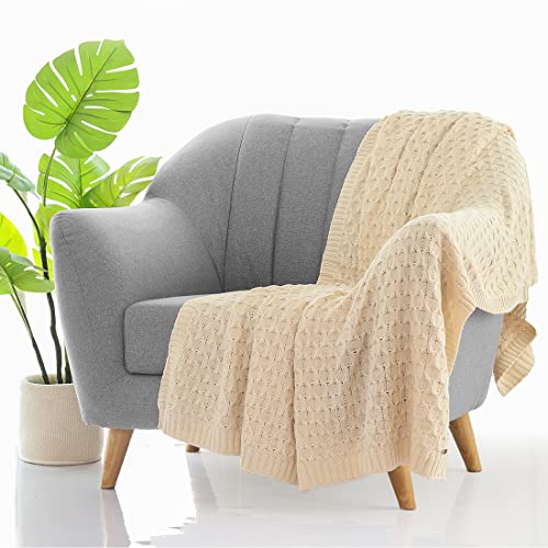 Image of Pluchi Kelly Knit Cotton Knitted Textured All Season AC Throw Blanket for Sofa (Luxurious,125cm X 150cm, 49 x 59 Inches) (Natural)