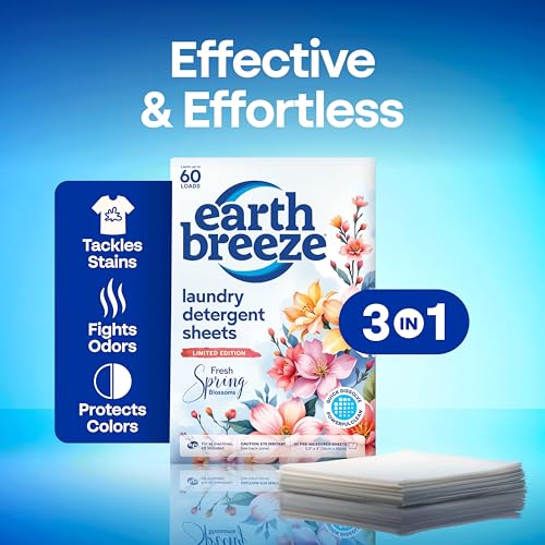 Image of Earth Breeze Laundry Detergent Sheets Fresh Spring Blossoms - 60 Loads - Eco Laundry Sheets - Travel Laundry Soap Sheets for Hot & Cold Cycles - Tackles Tough Stains & Odors - Gentle on Skin, 30 Ct