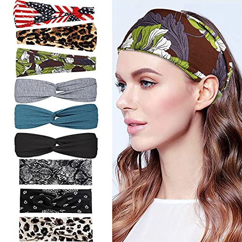 9 Pack Wide Headbands for Women - Women's Yoga Running Headbands Soft Elastic Hair Bands Turban for Teen Girls Head Wrap Accessories, Non-slip and Breathable