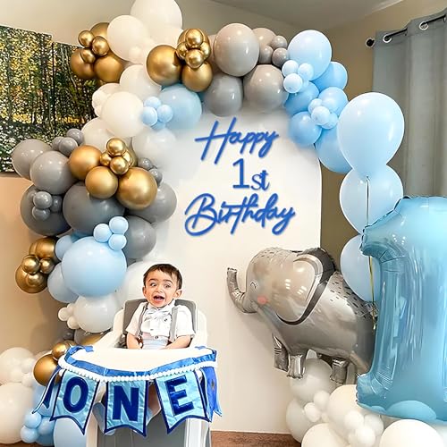 Image of Happy Birthday with 0-9 Numbers Sign for Backdrop - Glitter Felt Custom Age Happy Birthday Decal for Balloon Arch Birthday Decorations Baby Shower - Blue