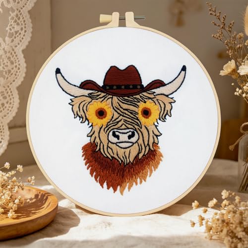 Image of Highland Cow Embroidery Kits for Beginners Adults, Animal Hand Embroidery Starters Kits, Stamped Cross Stitch Kits DIY Needlepoint Kits for Beginners Adults, Embroidery Hoop, Thread and Video Tutorial