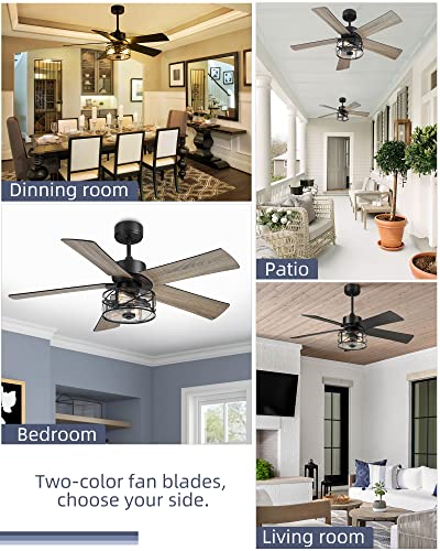 Image of YOUKAIN 48-Inch Farmhouse Ceiling Fan with Light & Remote, Clear Glass | 5 reversible black and wood blades, quiet operation for bedrooms and living rooms