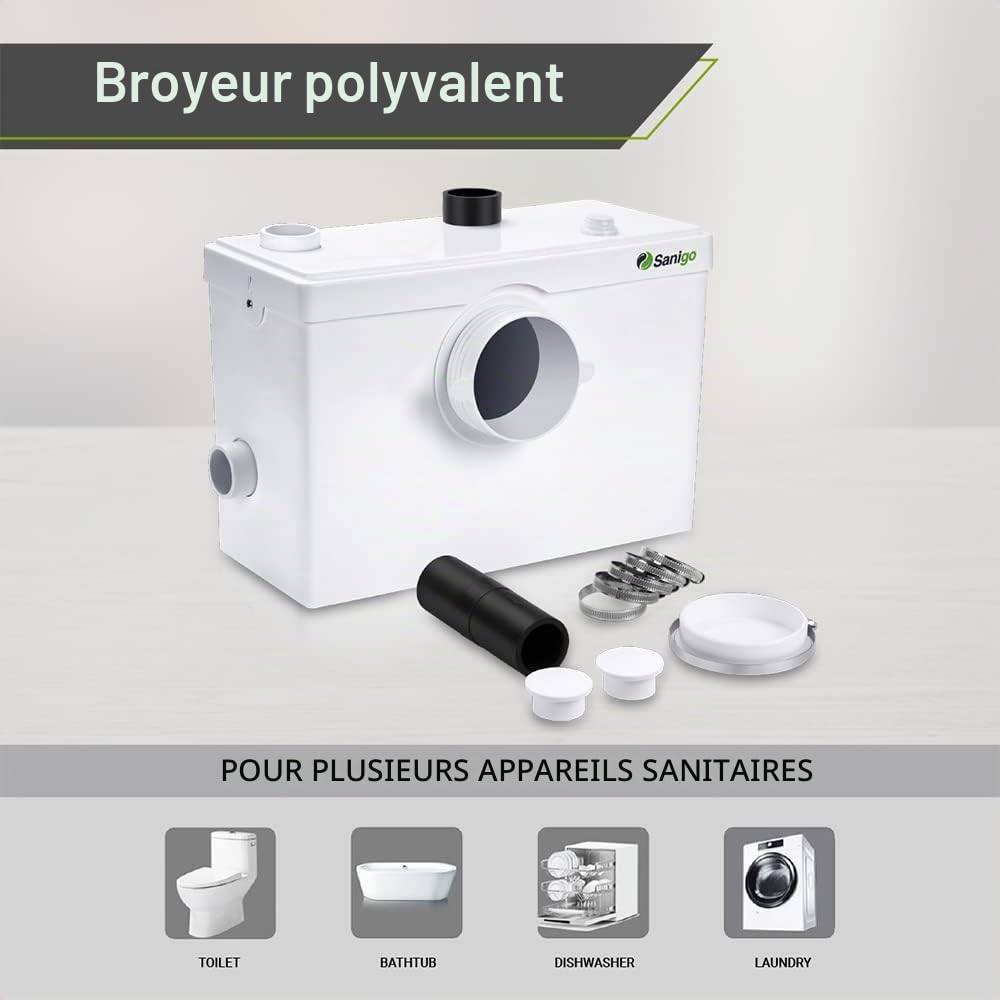 SANI600 Broyeur Sanitaire Classique, Pompe Automatique en Acier inoxydable pour Eliminer les Eaux Usées, Silencieuse, 3/1 entrées pour WC lavabo 600W, Blanc