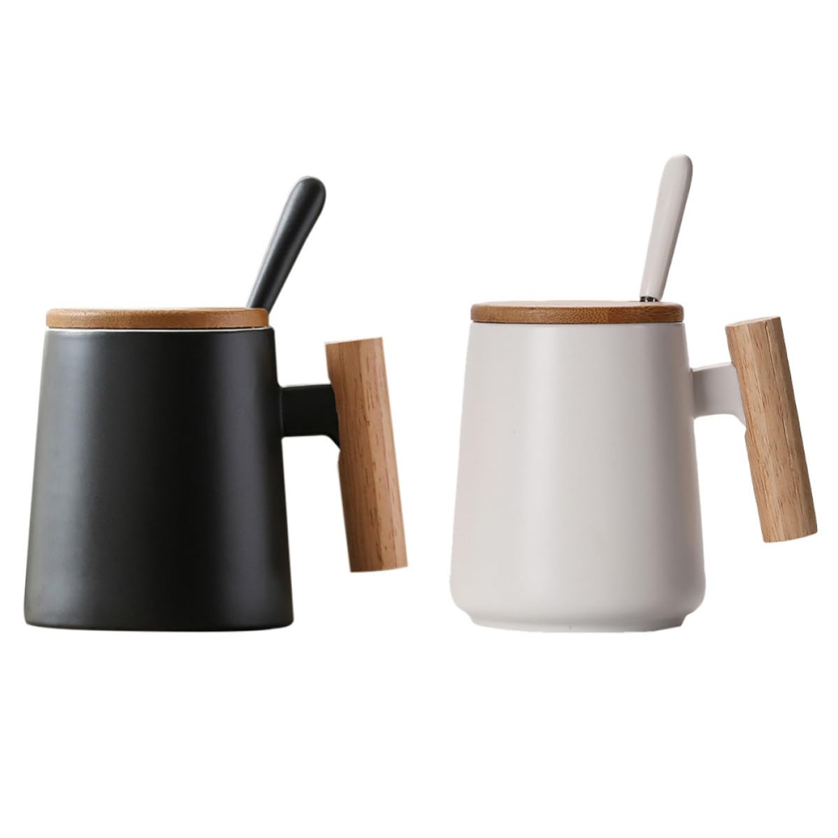 Set 2 Tazzine da Caffè in Ceramica con Coperchio in Legno e Cucchiaio, Base Piatta e Foro per Fissare Cucchiaio, per Colazione e Bevande Calde