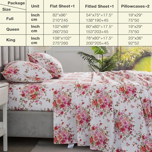 Image of Shabby Floral Chic Bed Sheets Queen Size 100% Cotton 4Pcs Set, Vintage Pink Red Flower Patterned Deep Pocket Fitted Sheet Set, Soft Percale White Boho Bedsheets, Cute Garden Bedding
