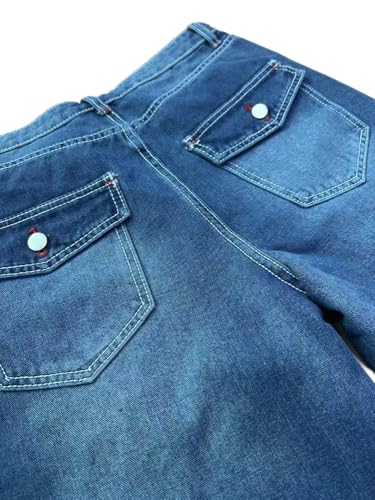 Men's Vintage Indigo Denim Jeans with Bold Red Contrast Stitching, Buttoned Back Pockets Flap Workwear Caual Pants3