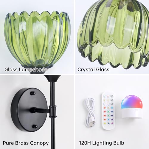 Image of Shenmoyl Battery Operated Wall Sconce Set of 2, Green Tulip Vintage Wall Light Fixture Rechargeable 5000mAh Battery Powered Wall Lamp with Remote for Living Room Bathroom, Black